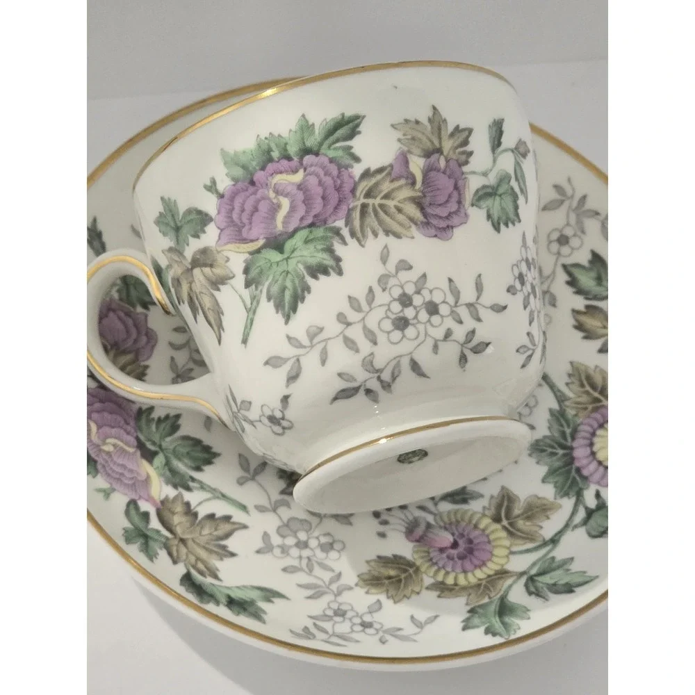 Wedgwood Avon Bone China Floral Gold Trim Cup & Saucer England Purple Floral